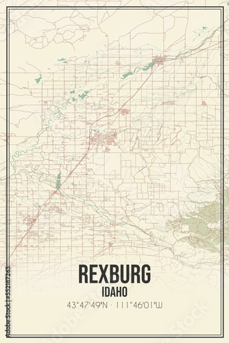 Retro US city map of Rexburg, Idaho. Vintage street map.