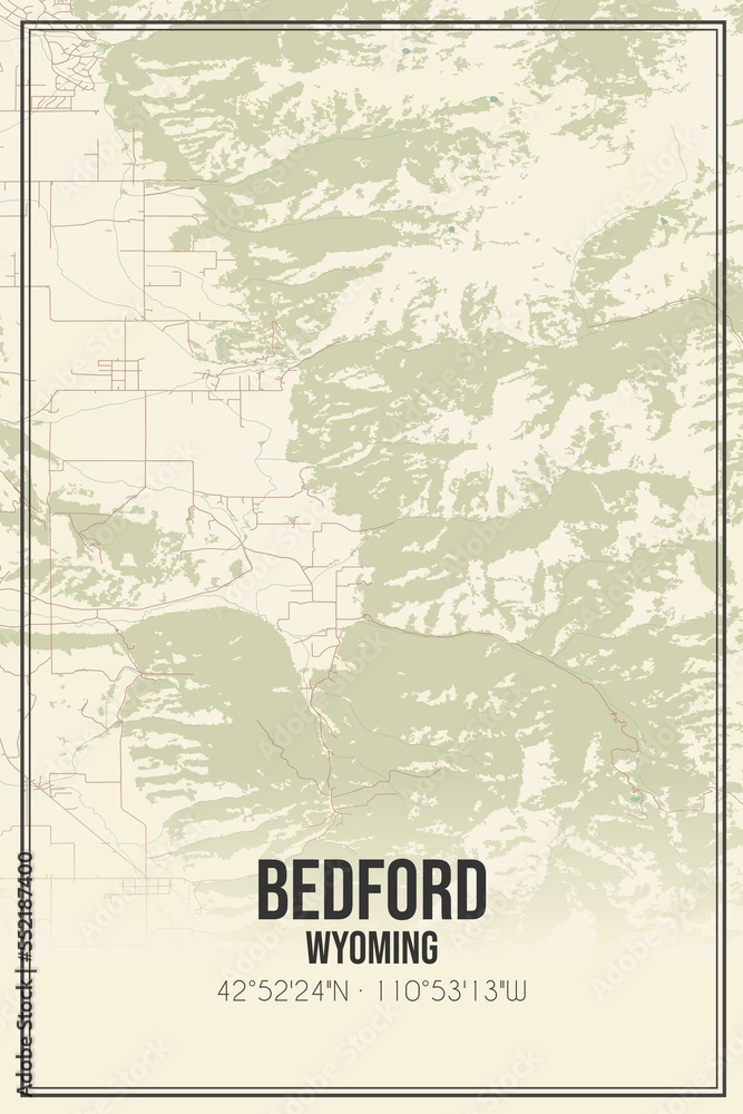 Retro US city map of Bedford, Wyoming. Vintage street map.
