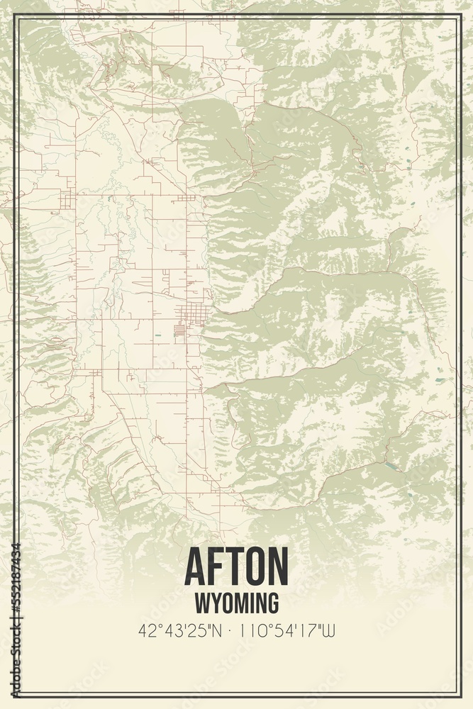 Retro US city map of Afton, Wyoming. Vintage street map.