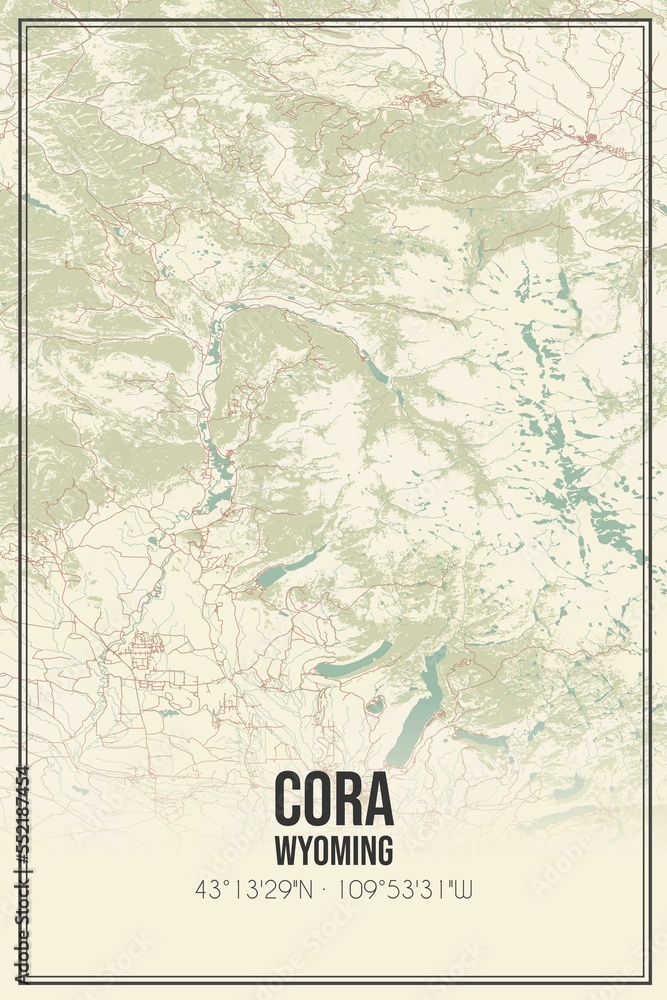 Retro US city map of Cora, Wyoming. Vintage street map.