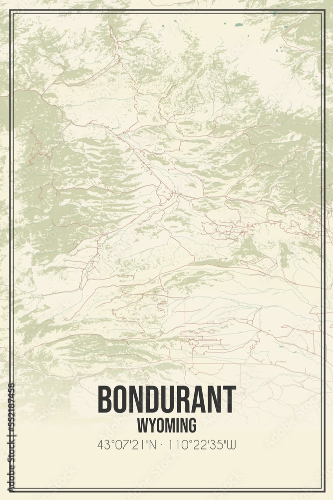 Retro US city map of Bondurant, Wyoming. Vintage street map.