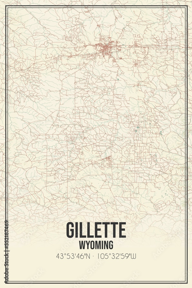 Retro US city map of Gillette, Wyoming. Vintage street map.