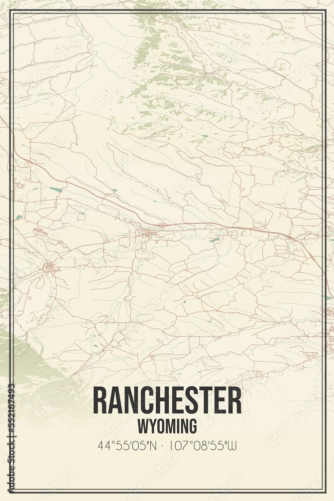 Retro US city map of Ranchester, Wyoming. Vintage street map.