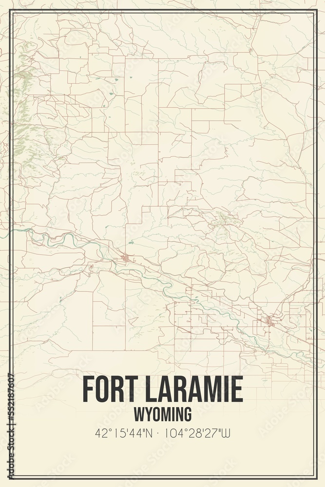 Retro US city map of Fort Laramie, Wyoming. Vintage street map.