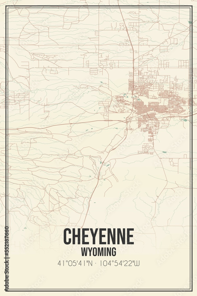 Retro US city map of Cheyenne, Wyoming. Vintage street map.