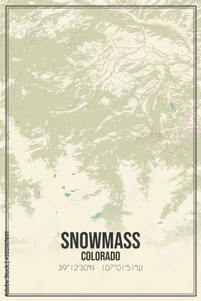 Retro US city map of Snowmass, Colorado. Vintage street map.