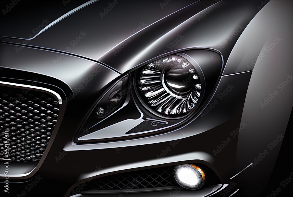 View of a black luxury car's headlight in close up against a gray background. Generative AI