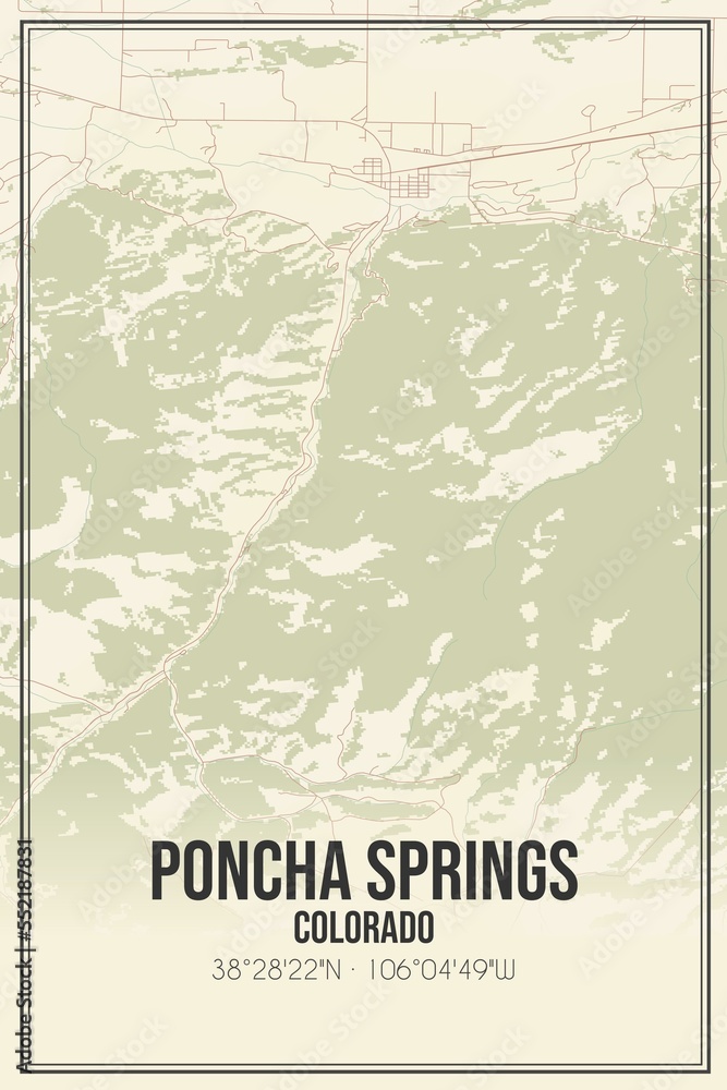 Retro US city map of Poncha Springs, Colorado. Vintage street map