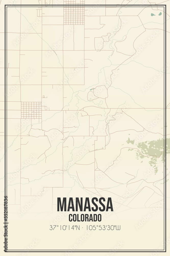 Retro US city map of Manassa, Colorado. Vintage street map.