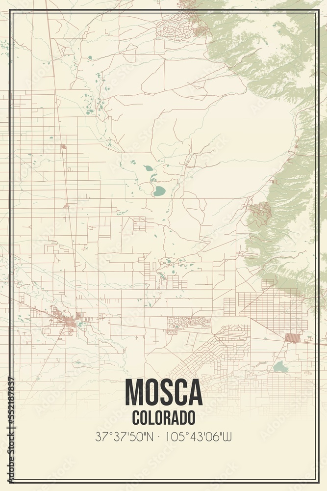 Retro US city map of Mosca, Colorado. Vintage street map.
