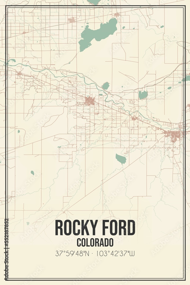 Retro US city map of Rocky Ford, Colorado. Vintage street map.