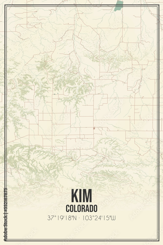 Retro US city map of Kim, Colorado. Vintage street map.