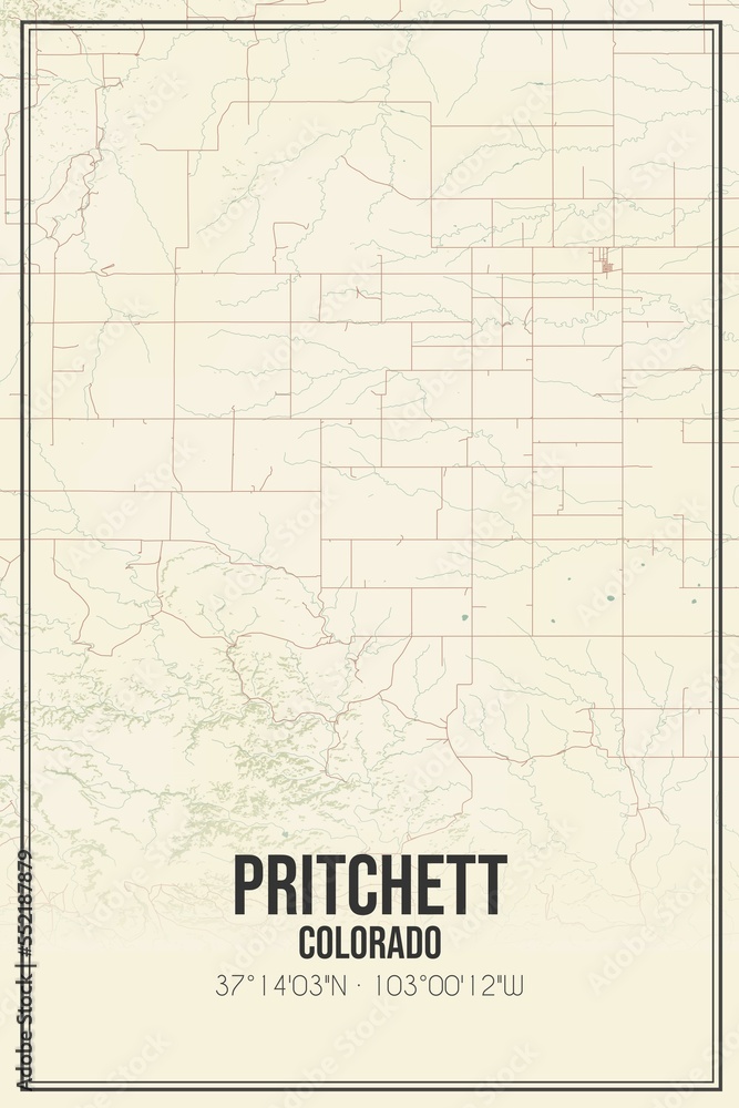 Retro US city map of Pritchett, Colorado. Vintage street map.