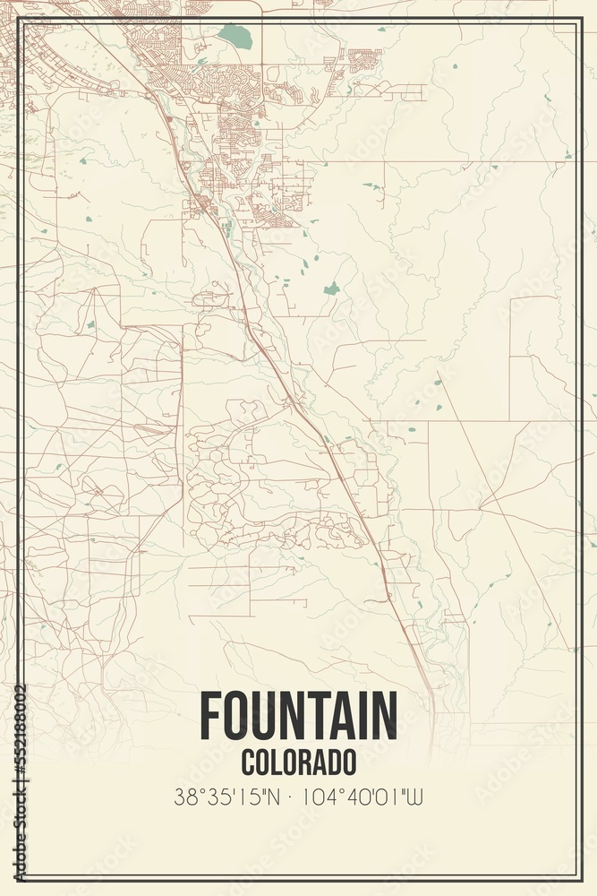 Retro US city map of Fountain, Colorado. Vintage street map.