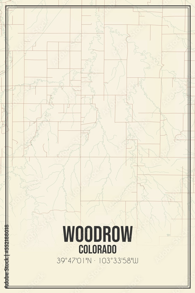 Retro US city map of Woodrow, Colorado. Vintage street map.