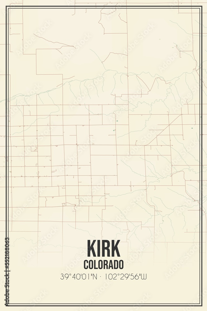 Retro US city map of Kirk, Colorado. Vintage street map.