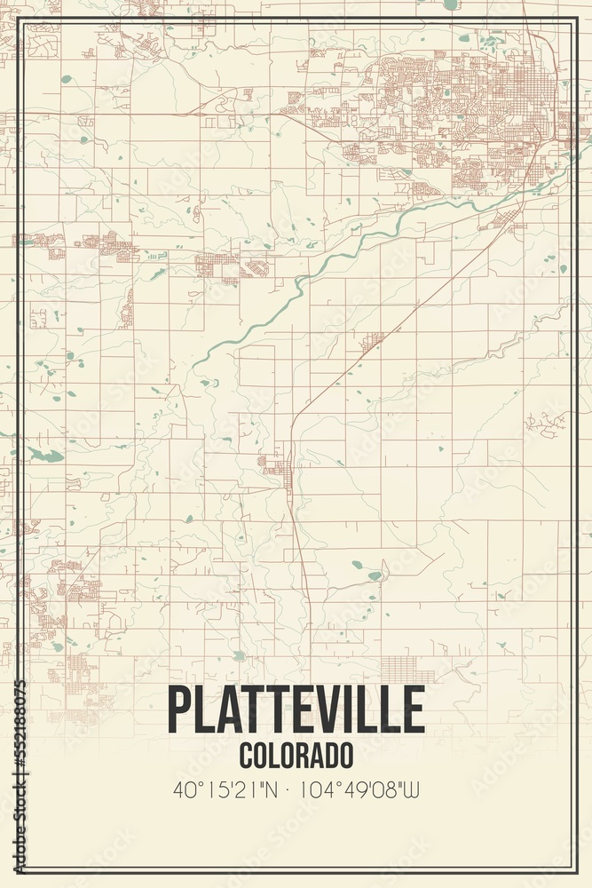 Retro US city map of Platteville, Colorado. Vintage street map.