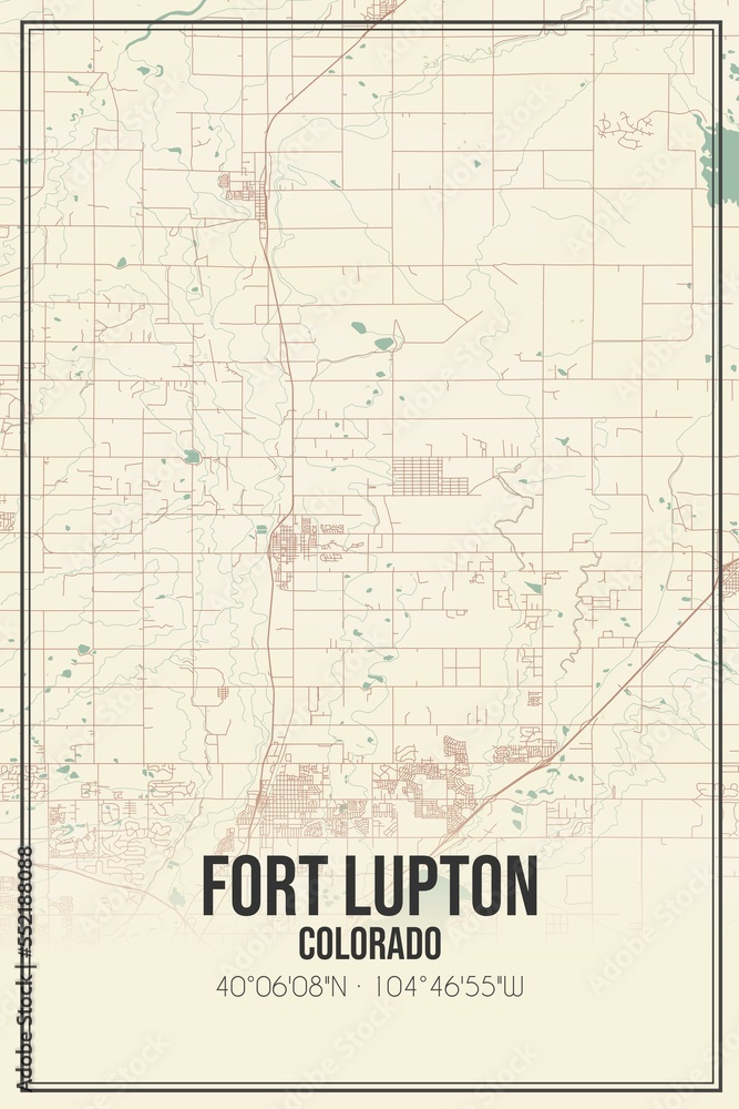 Retro US city map of Fort Lupton, Colorado. Vintage street map.