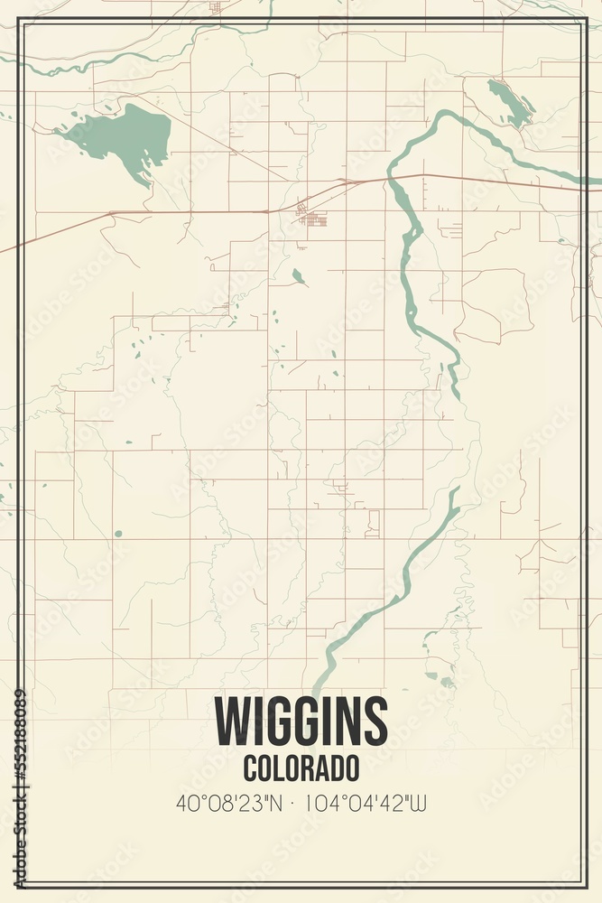 Retro US city map of Wiggins, Colorado. Vintage street map.
