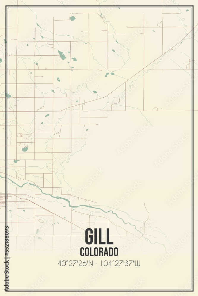 Retro US city map of Gill, Colorado. Vintage street map.
