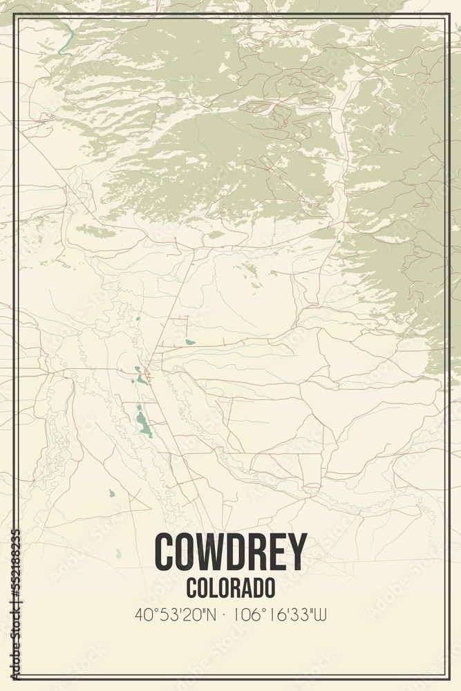 Retro US city map of Cowdrey, Colorado. Vintage street map.