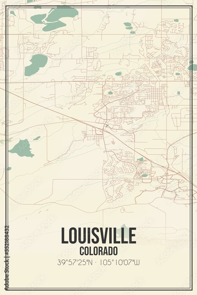 Retro US city map of Louisville, Colorado. Vintage street map.