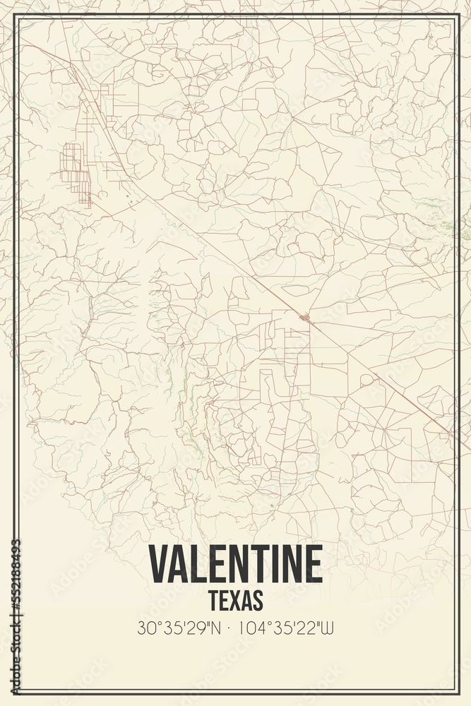 Retro US city map of Valentine, Texas. Vintage street map.