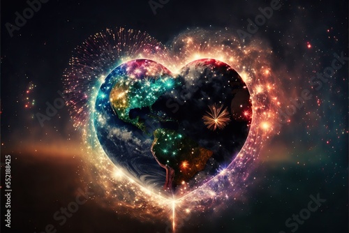 Heart shaped planet Earth with fireworks, happy new year, Generative AI