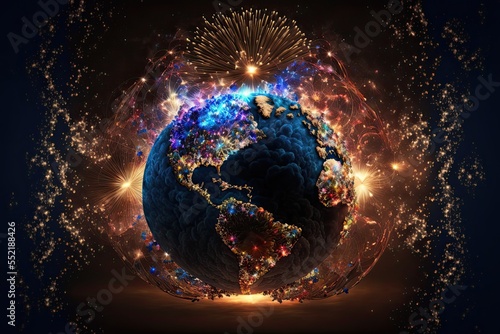 Earth in space with fireworks, happy new year celebration
