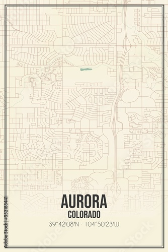 Retro US city map of Aurora, Colorado. Vintage street map.