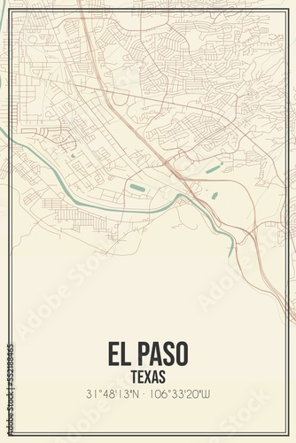 Retro US city map of El Paso  Texas. Vintage street map.