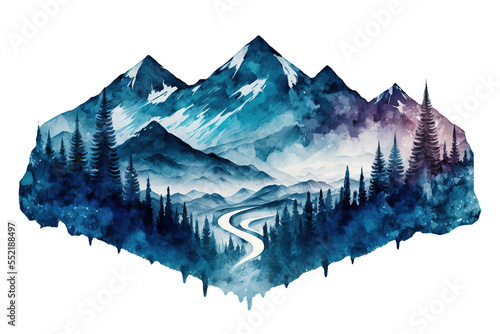 Mountain landscape watercolor illustration, blues and purples