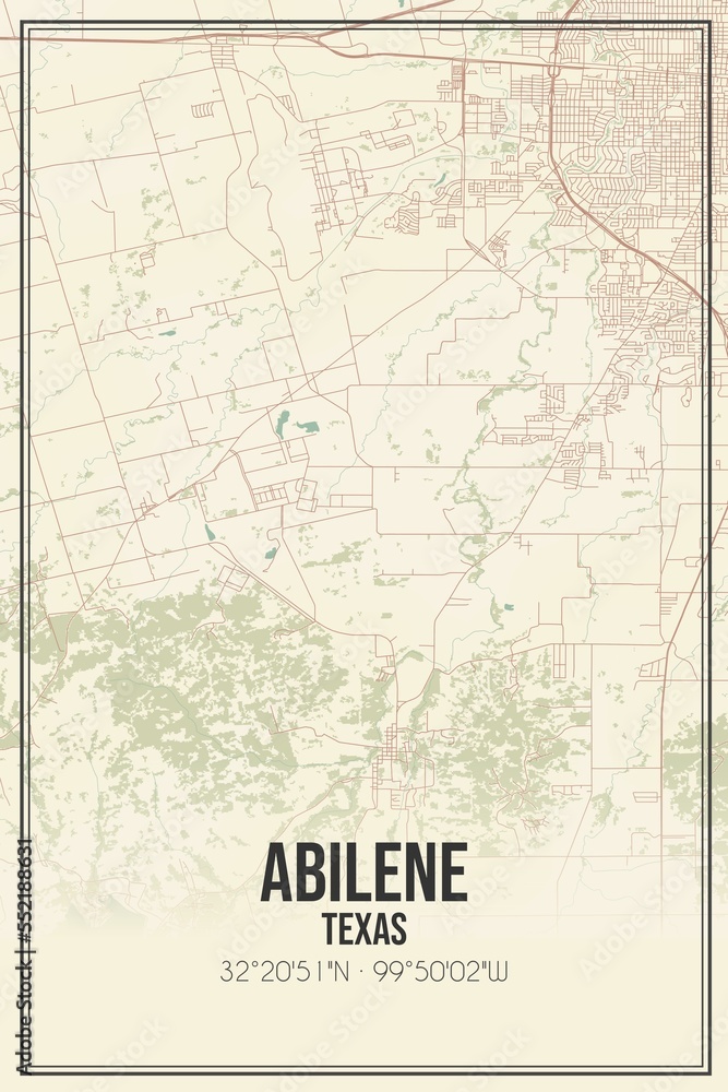 Retro US city map of Abilene, Texas. Vintage street map.