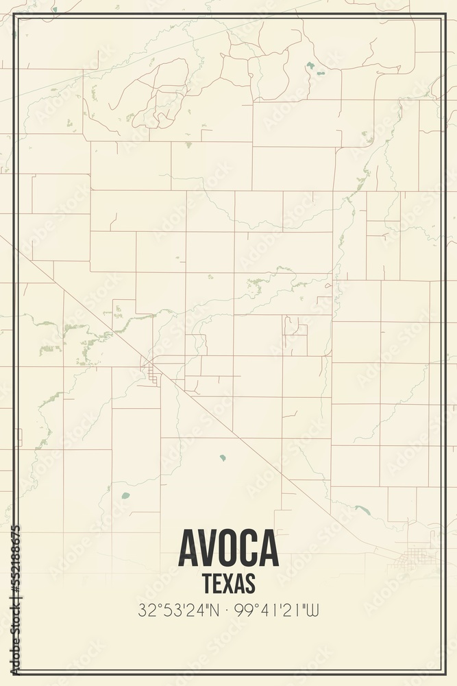 Retro US city map of Avoca, Texas. Vintage street map.