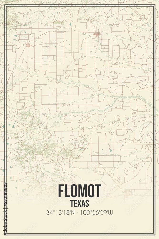 Retro US city map of Flomot, Texas. Vintage street map.