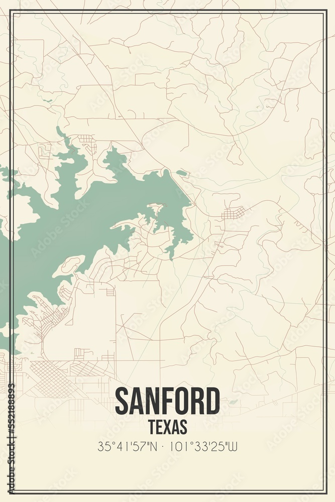 Retro US city map of Sanford, Texas. Vintage street map.