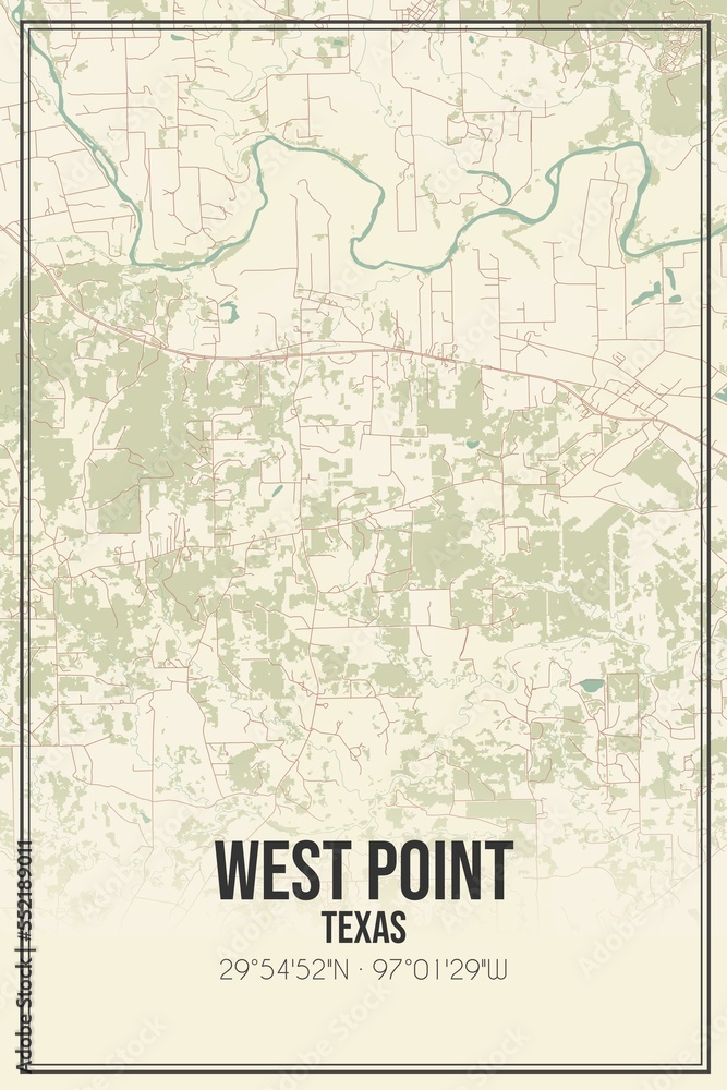 Retro US city map of West Point, Texas. Vintage street map.