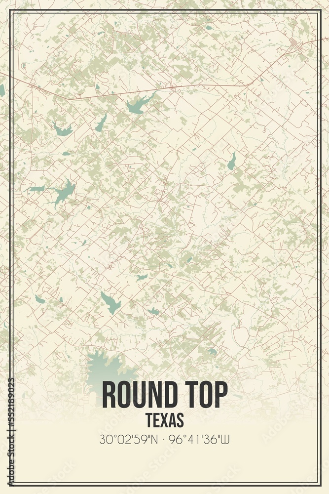 Retro US city map of Round Top, Texas. Vintage street map.