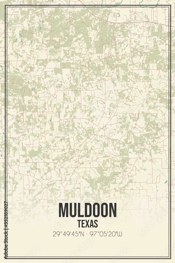 Retro US city map of Muldoon, Texas. Vintage street map.