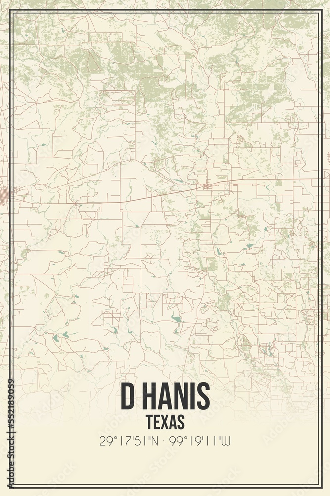Retro US city map of D Hanis, Texas. Vintage street map.