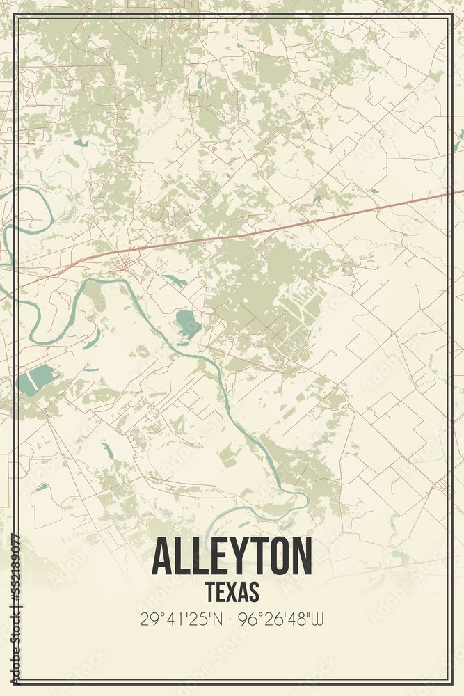 Retro US city map of Alleyton, Texas. Vintage street map.