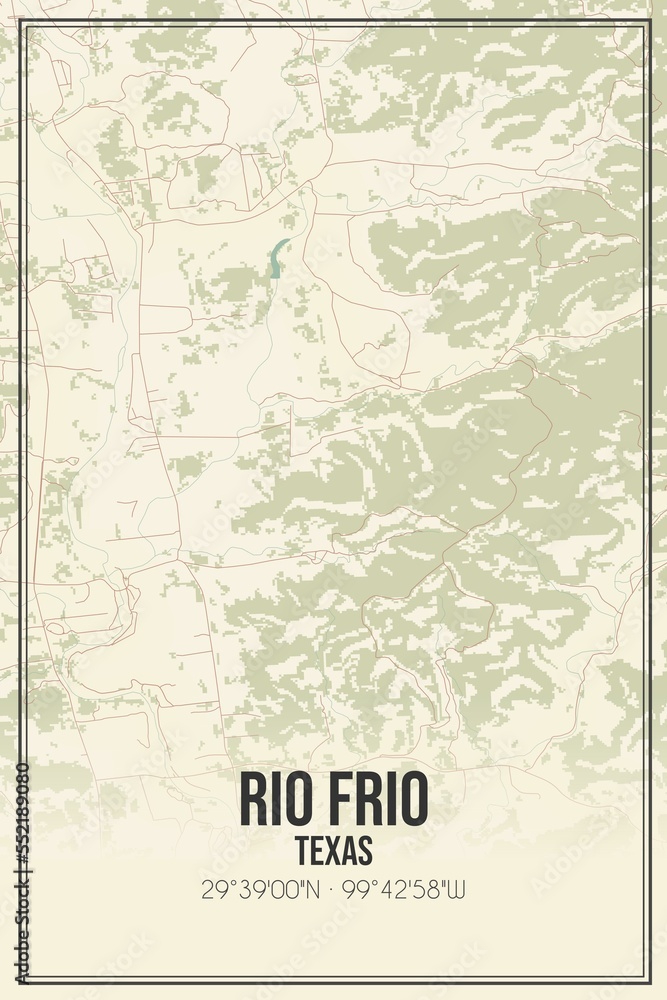 Retro US city map of Rio Frio, Texas. Vintage street map.