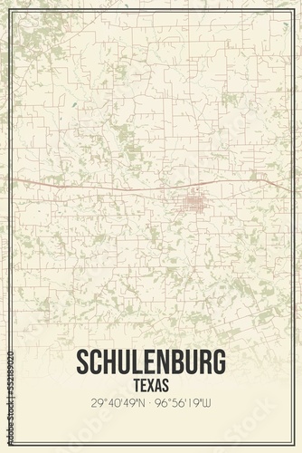 Retro US city map of Schulenburg  Texas. Vintage street map.