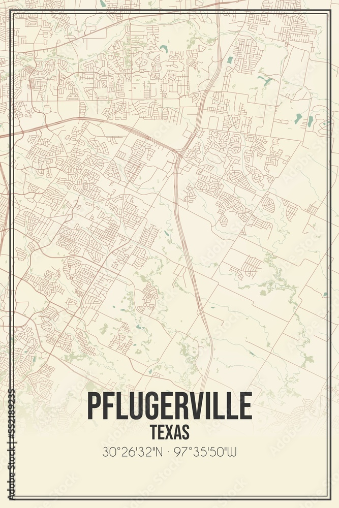 Retro US city map of Pflugerville, Texas. Vintage street map.