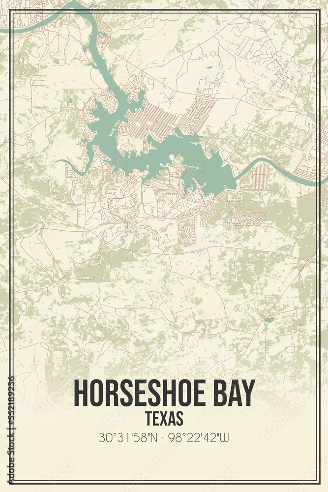Retro US city map of Horseshoe Bay, Texas. Vintage street map. Stock