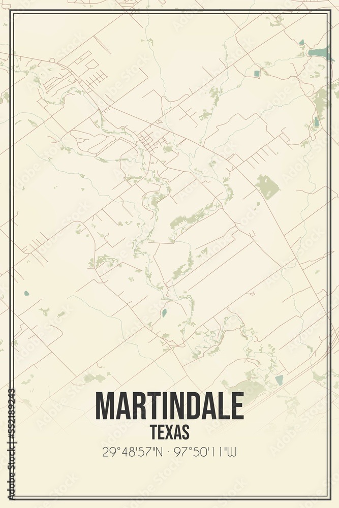 Obraz premium Retro US city map of Martindale, Texas. Vintage street map.