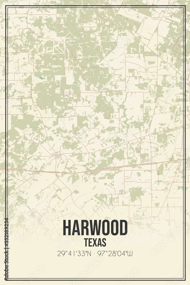 Retro US city map of Harwood, Texas. Vintage street map.