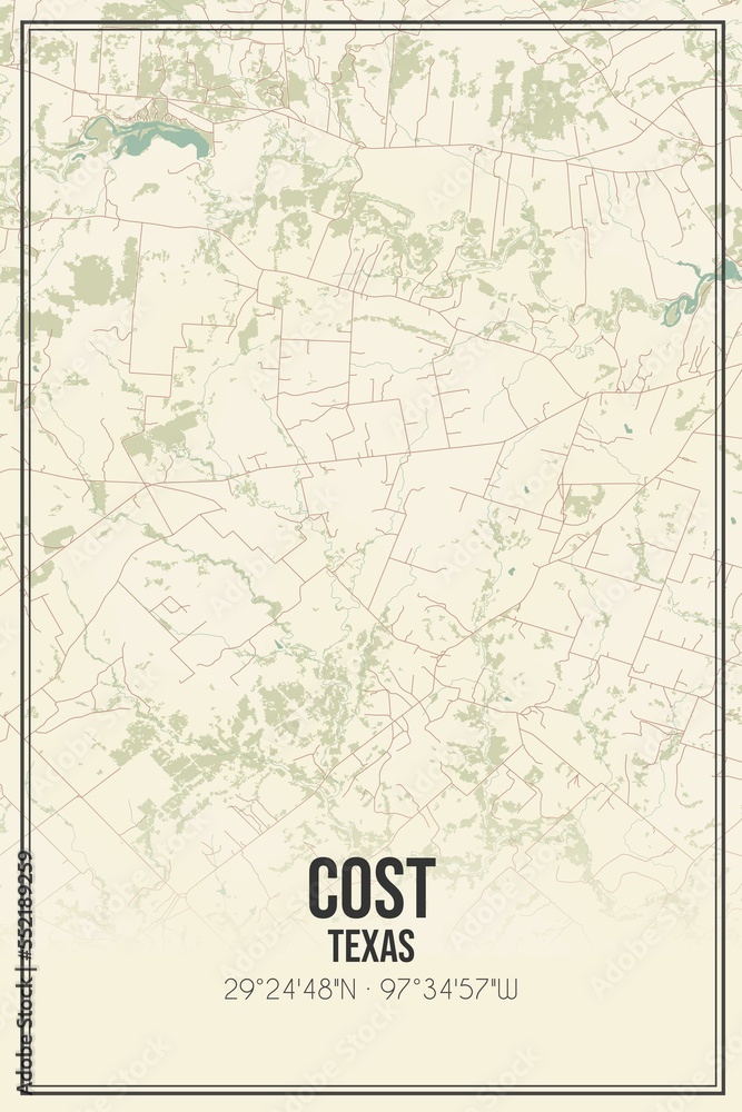 Retro US city map of Cost, Texas. Vintage street map.