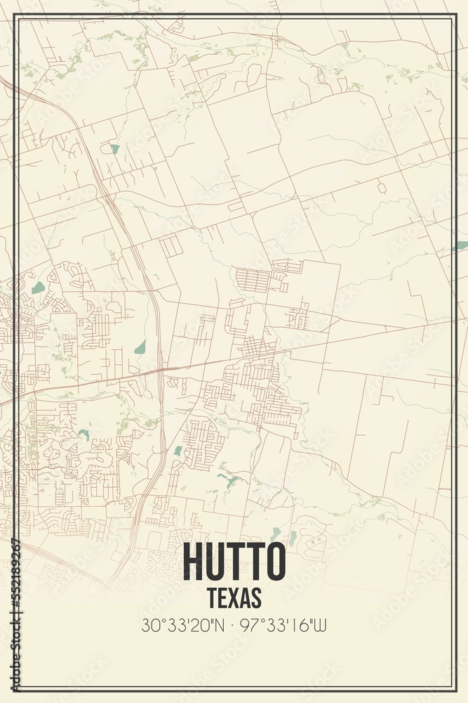Retro US city map of Hutto, Texas. Vintage street map.