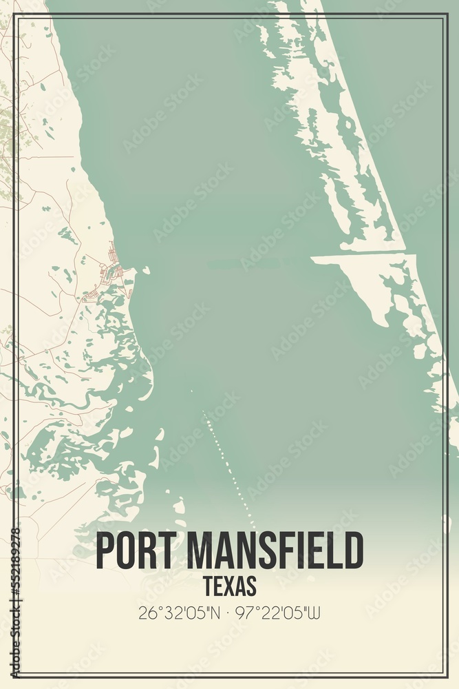 Retro US city map of Port Mansfield, Texas. Vintage street map.